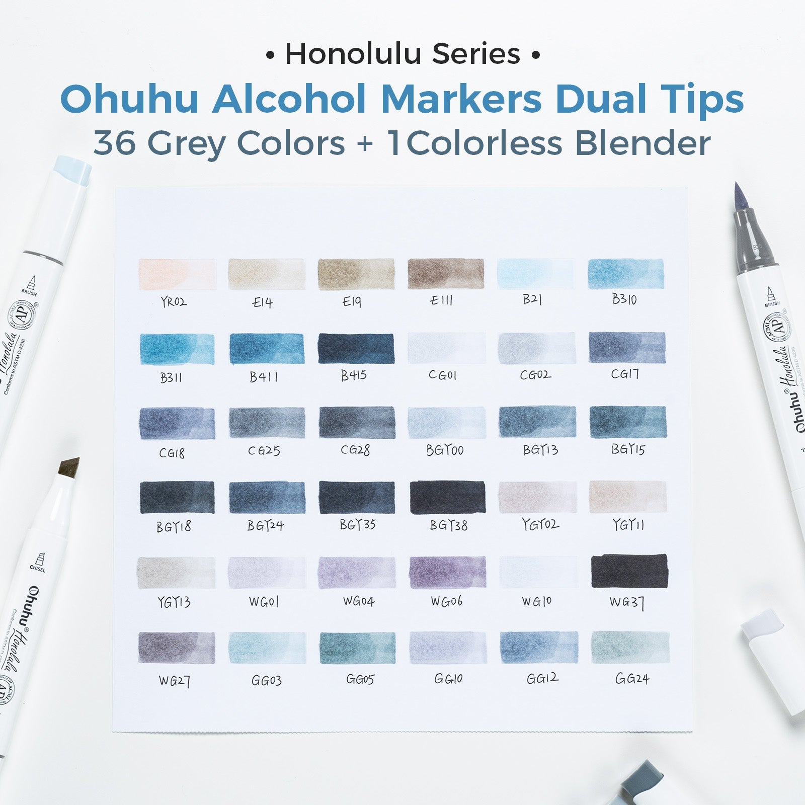 Ohuhu Honolulu 36 Gray Tone Colors Dual Tips Alcohol Art Markers (New Version)